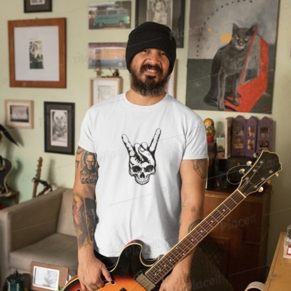 ROCKER SKELETON ROCK ON GUITAR TSHIRT - Picture 1 of 1